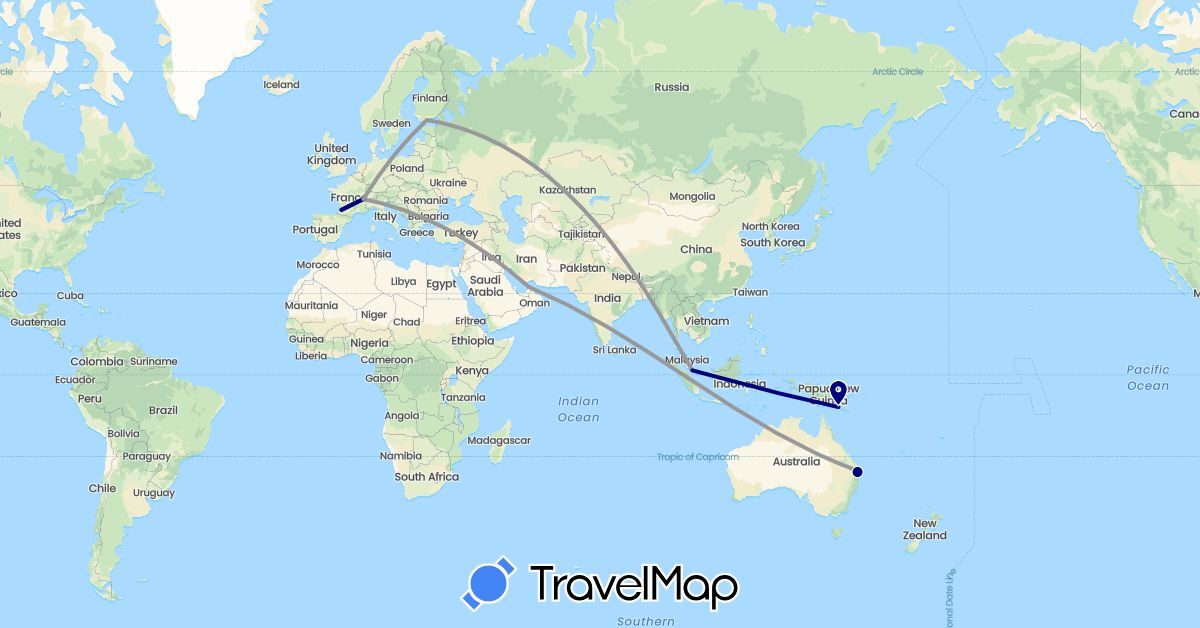 TravelMap itinerary: driving, plane, train in United Arab Emirates, Australia, Switzerland, Finland, France, Papua New Guinea, Singapore (Asia, Europe, Oceania)